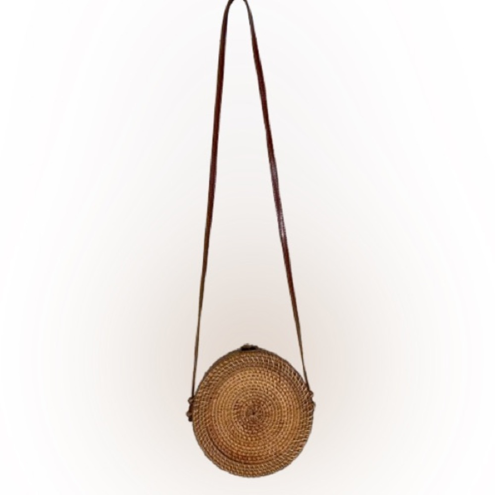 Hand woven rattan. Round, Crossbody Bag, navy palm cloth interior